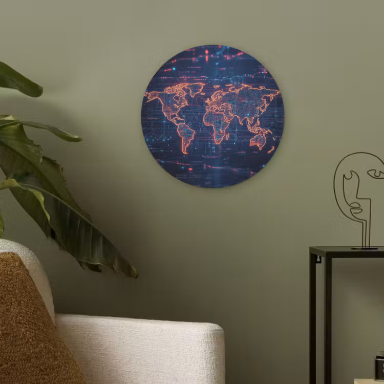 Wereldkaart - Futuristisch - Oranje Akoestische PET Vilt - Rond klein -sfeer2