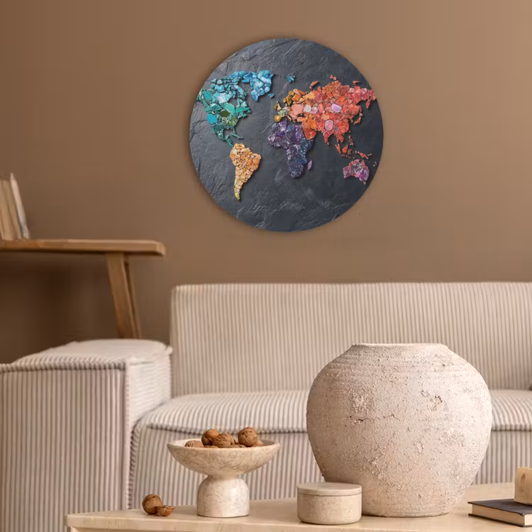 Wereldkaart - Edelstenen - Regenboog - Ruw Akoestische PET Vilt - Rond klein -sfeer1