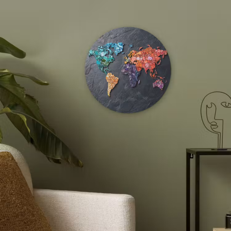 Wereldkaart - Edelstenen - Regenboog - Ruw Akoestische PET Vilt - Rond klein -sfeer2