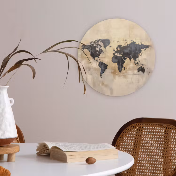 Wereldkaart - Goud - Zwart - Abstract Akoestische PET Vilt - Rond klein -sfeer3