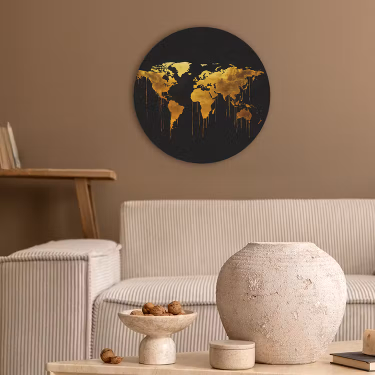 Wereldkaart - Goud - Druipen - Zwart Akoestische PET Vilt - Rond klein -sfeer1