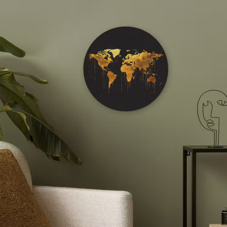 Wereldkaart - Goud - Druipen - Zwart Akoestische PET Vilt - Rond klein -sfeer2