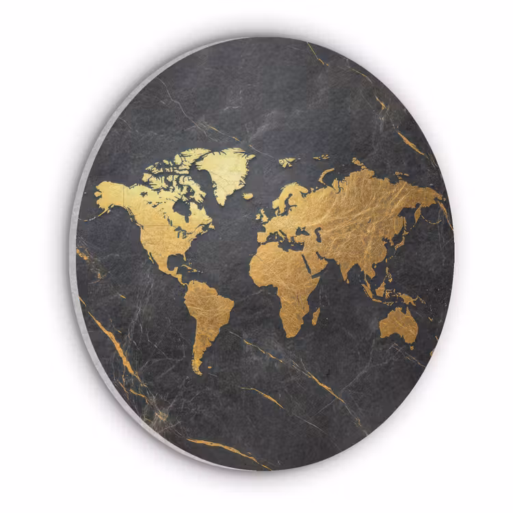 Wereldkaart - Goud - Marmer Akoestische PET Vilt - Rond klein -3d