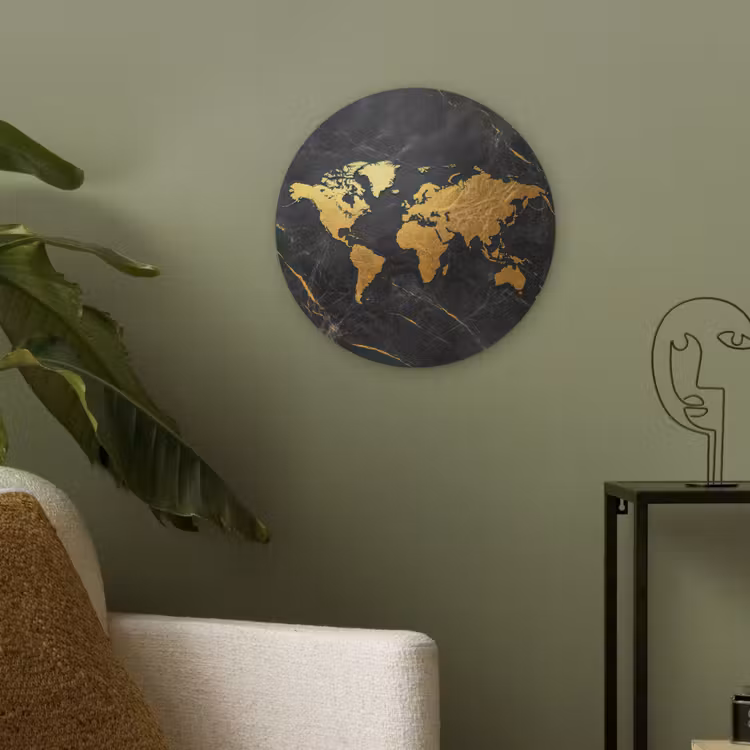 Wereldkaart - Goud - Marmer Akoestische PET Vilt - Rond klein -sfeer2