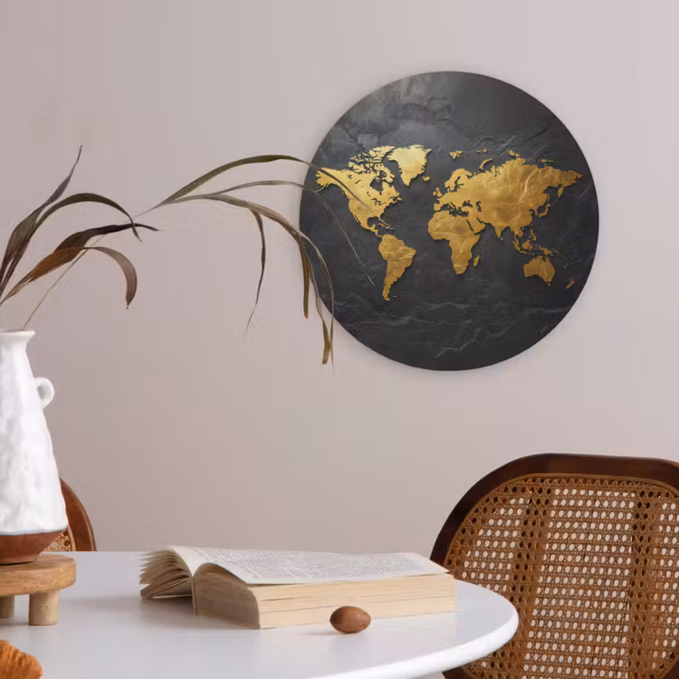 Wereldkaart - Goud - Steen Akoestische PET Vilt - Rond klein -sfeer3
