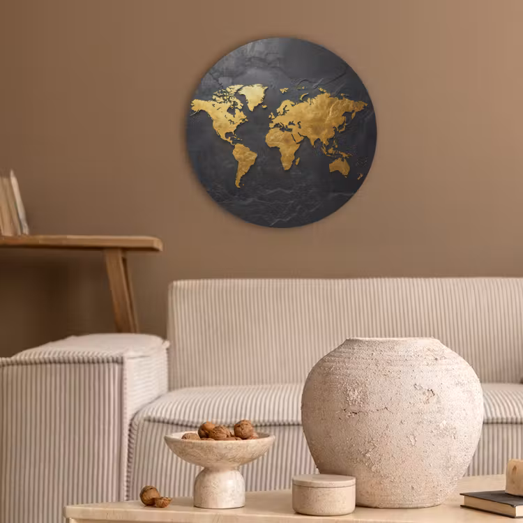 Wereldkaart - Goud - Steen Akoestische PET Vilt - Rond klein -sfeer1