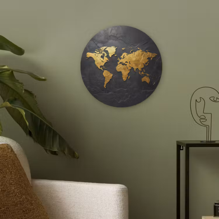 Wereldkaart - Goud - Steen Akoestische PET Vilt - Rond klein -sfeer2