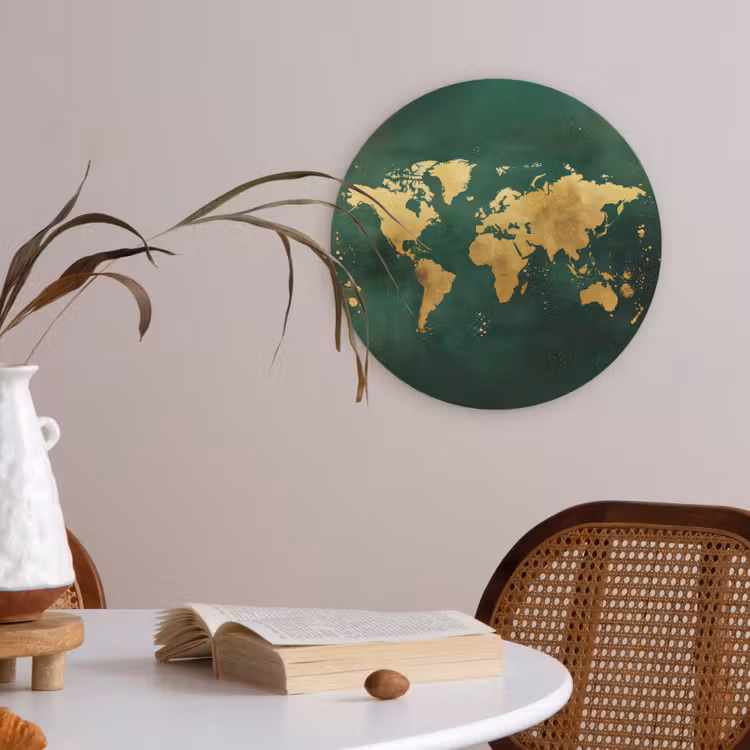 Wereldkaart - Groen - Goud Akoestische PET Vilt - Rond klein -sfeer3