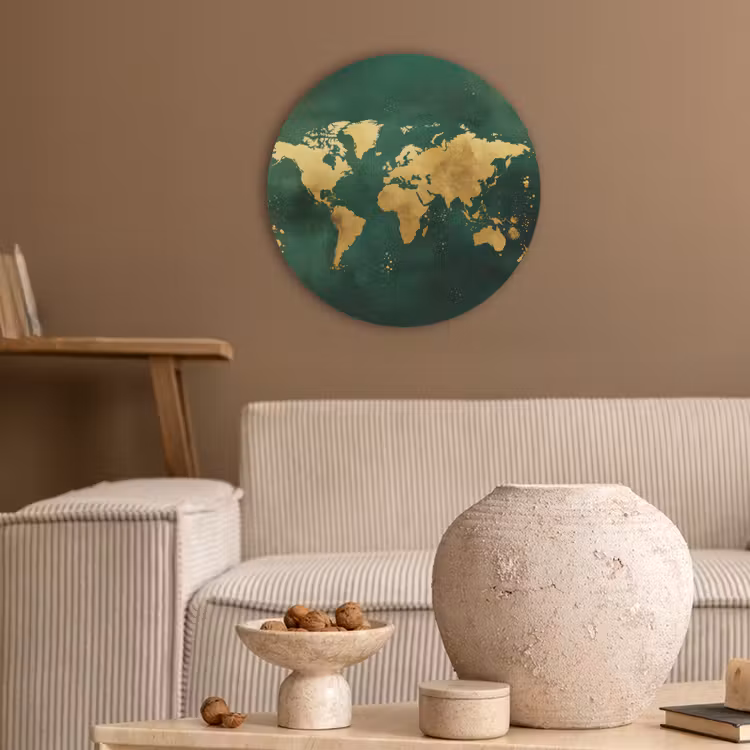 Wereldkaart - Groen - Goud Akoestische PET Vilt - Rond klein -sfeer1