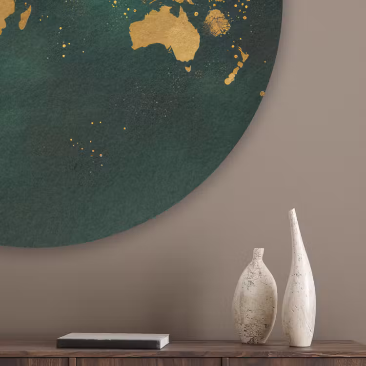 Wereldkaart - Groen - Goud Akoestische PET Vilt - Rond klein -sfeer5_closeup