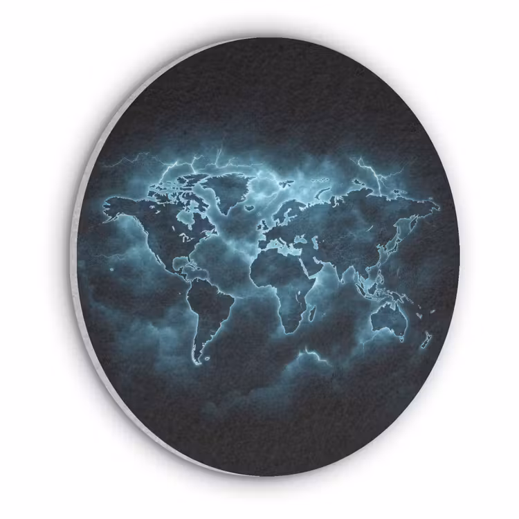 Wereldkaart - Bliksem - Blauw Akoestische PET Vilt - Rond klein -3d