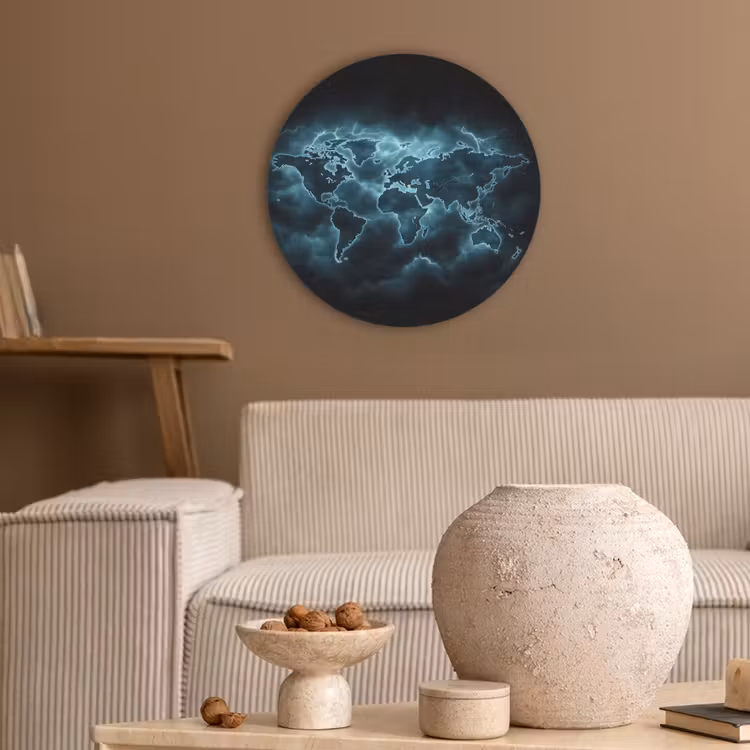 Wereldkaart - Bliksem - Blauw Akoestische PET Vilt - Rond klein -sfeer1
