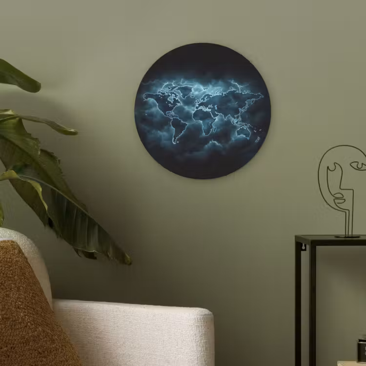 Wereldkaart - Bliksem - Blauw Akoestische PET Vilt - Rond klein -sfeer2