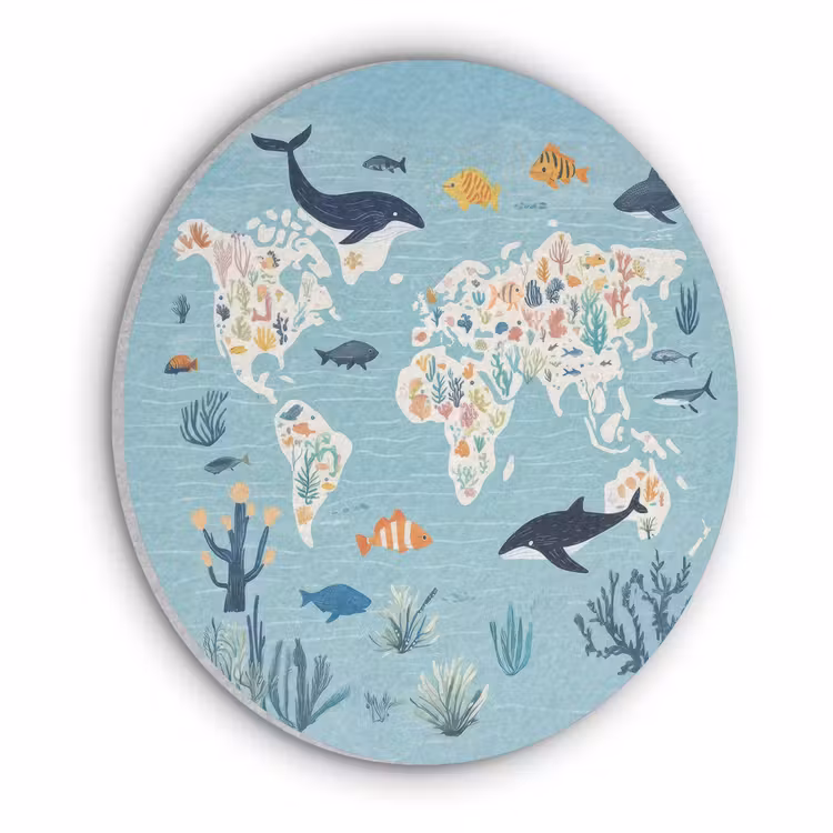 Wereldkaart - Zeeleven - Blauw Akoestische PET Vilt - Rond klein -3d