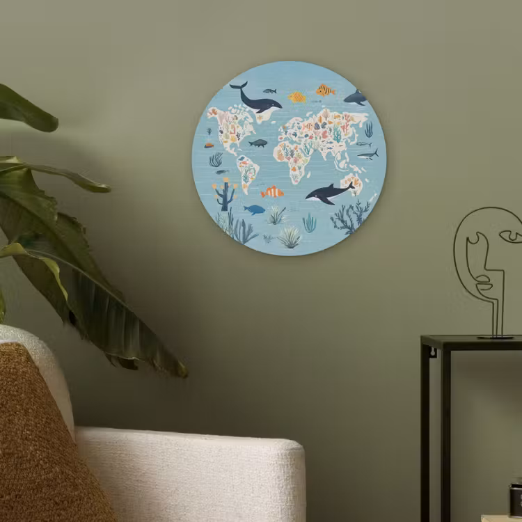 Wereldkaart - Zeeleven - Blauw Akoestische PET Vilt - Rond klein -sfeer2