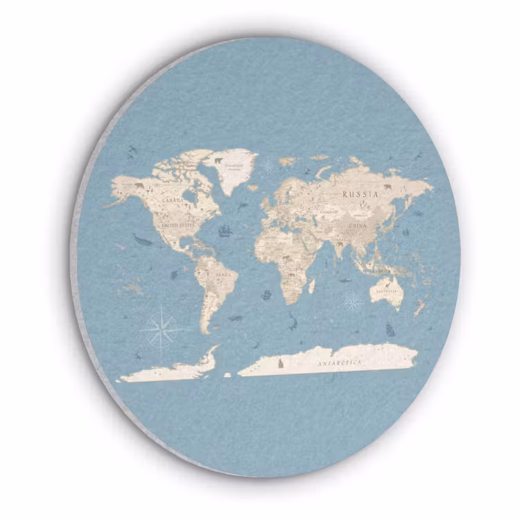 Wereldkaart - Oceaan - Realistisch - Blauw Akoestische PET Vilt - Rond klein -3d