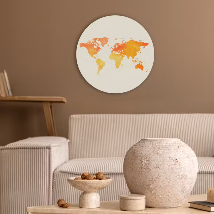 Wereldkaart - Oranje - Kleurrijk Akoestische PET Vilt - Rond klein -sfeer1