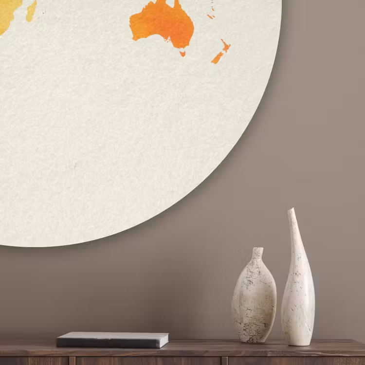 Wereldkaart - Oranje - Kleurrijk Akoestische PET Vilt - Rond klein -sfeer5_closeup