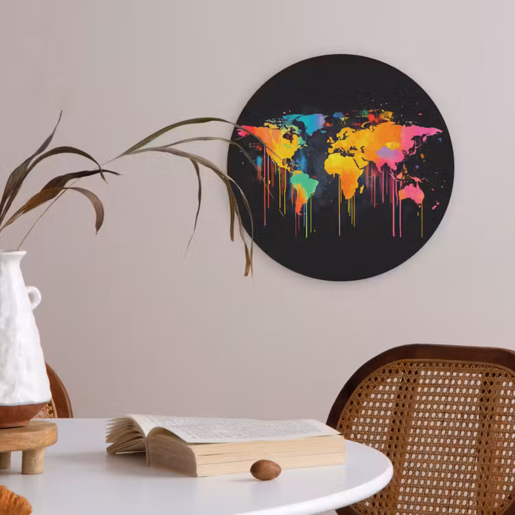 Wereldkaart - Verf - Kleurrijk - Graffiti - Wereld Akoestische PET Vilt - Rond klein -sfeer3