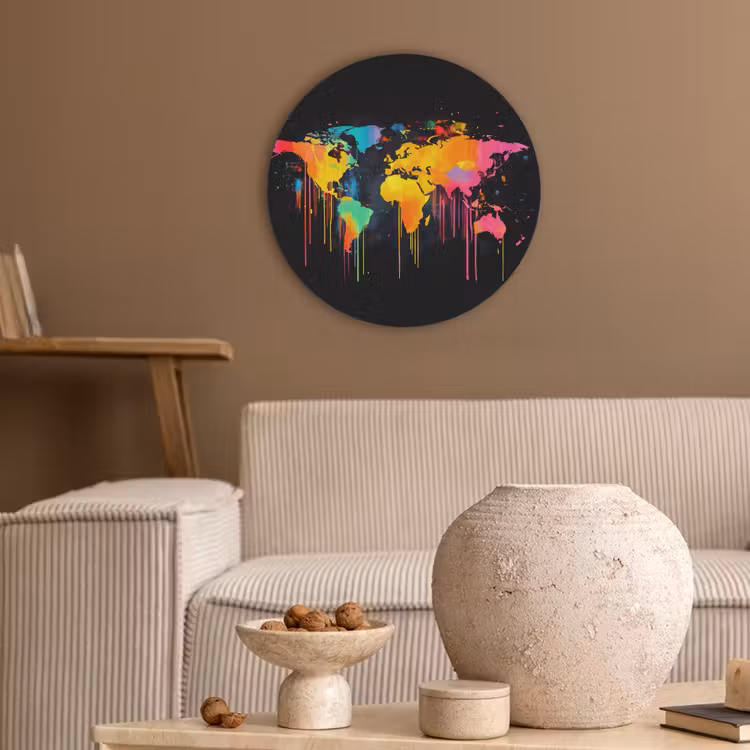 Wereldkaart - Verf - Kleurrijk - Graffiti - Wereld Akoestische PET Vilt - Rond klein -sfeer1