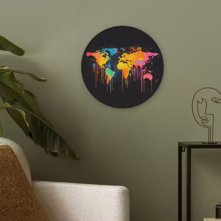 Wereldkaart - Verf - Kleurrijk - Graffiti - Wereld Akoestische PET Vilt - Rond klein -sfeer2
