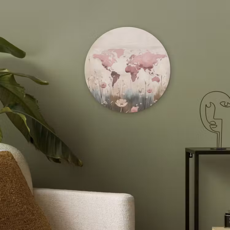 Wereldkaart - Roze - Bloemen Akoestische PET Vilt - Rond klein -sfeer2