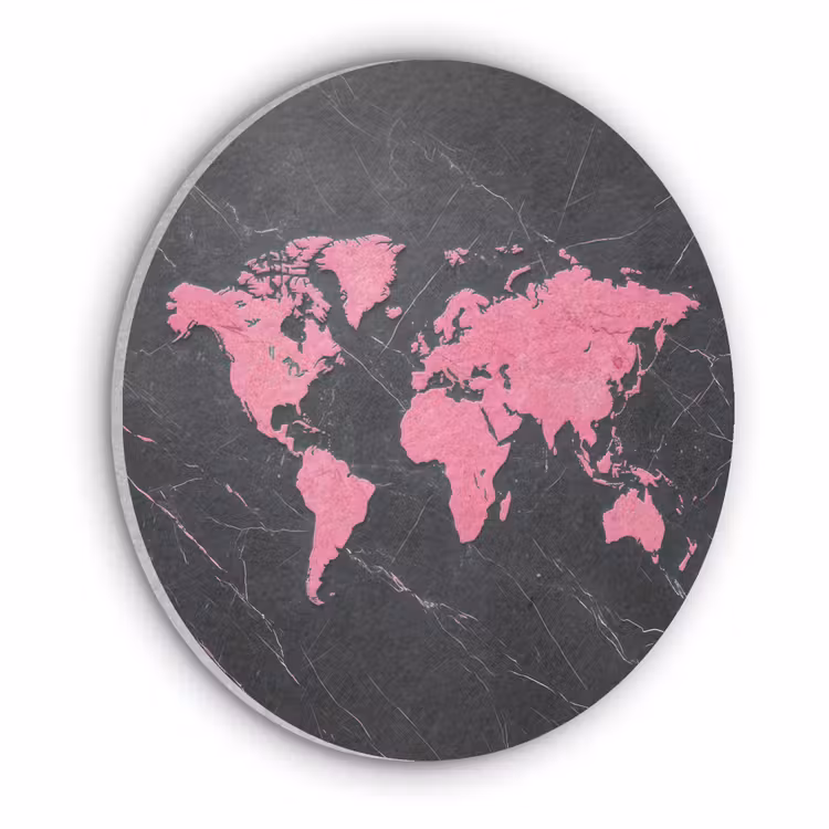 Wereldkaart - Roze - Marmer Akoestische PET Vilt - Rond klein -3d