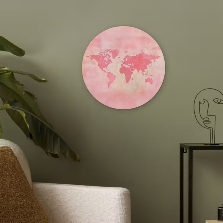 Wereldkaart - Roze - Vaag Akoestische PET Vilt - Rond klein -sfeer2