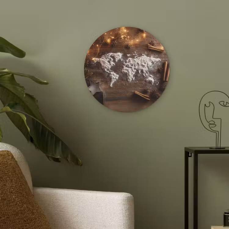 Wereldkaart - Poedersuiker - Hout Akoestische PET Vilt - Rond klein -sfeer2