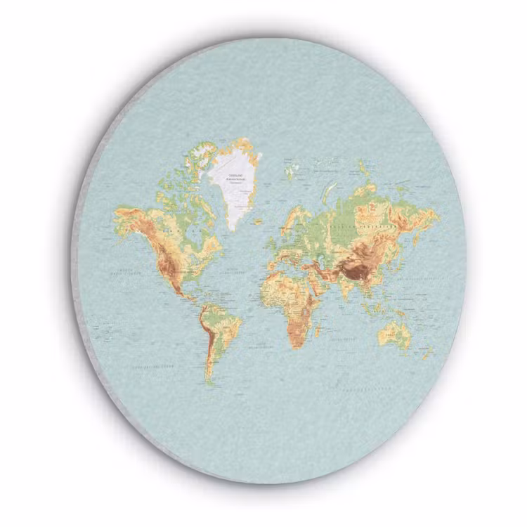 Wereldkaart - Realistisch - Blauw Akoestische PET Vilt - Rond klein -3d