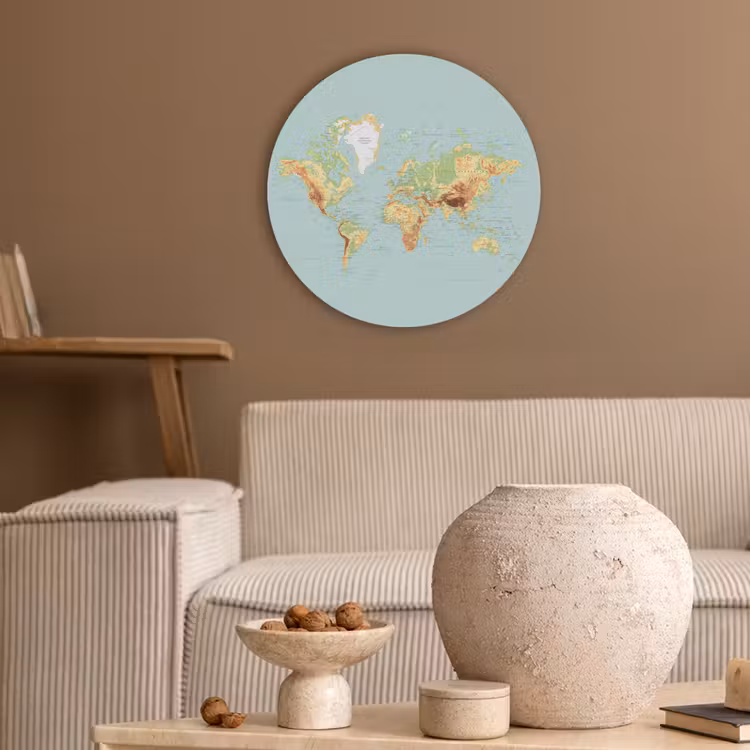 Wereldkaart - Realistisch - Blauw Akoestische PET Vilt - Rond klein -sfeer1