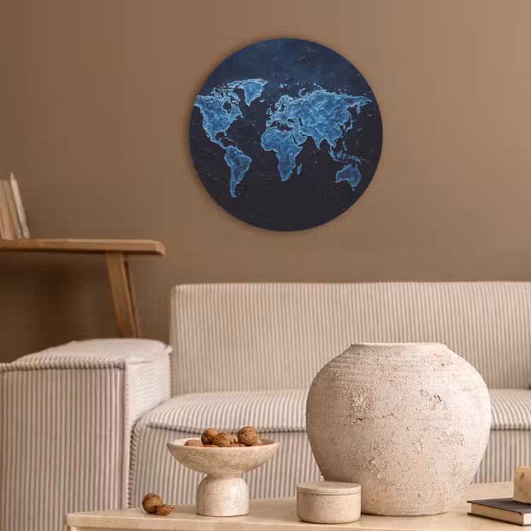 Wereldkaart - Waterstructuur - Blauw Akoestische PET Vilt - Rond klein -sfeer1