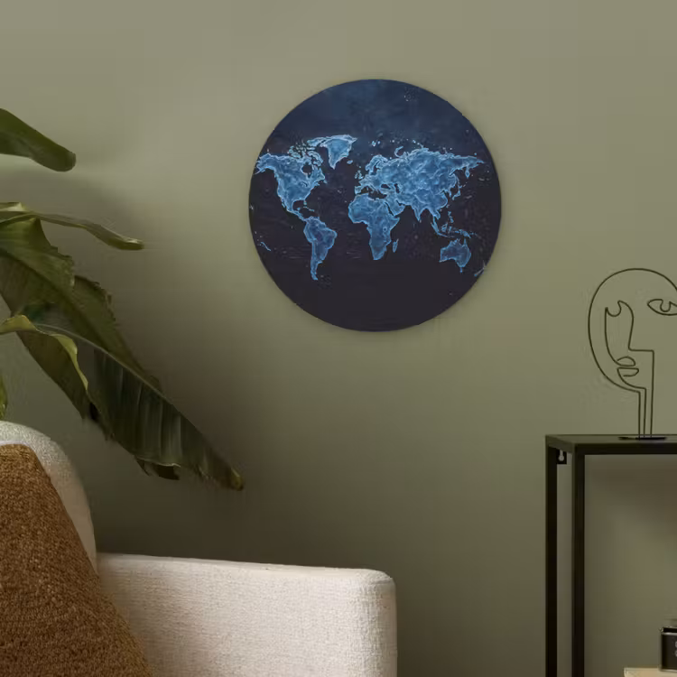 Wereldkaart - Waterstructuur - Blauw Akoestische PET Vilt - Rond klein -sfeer2