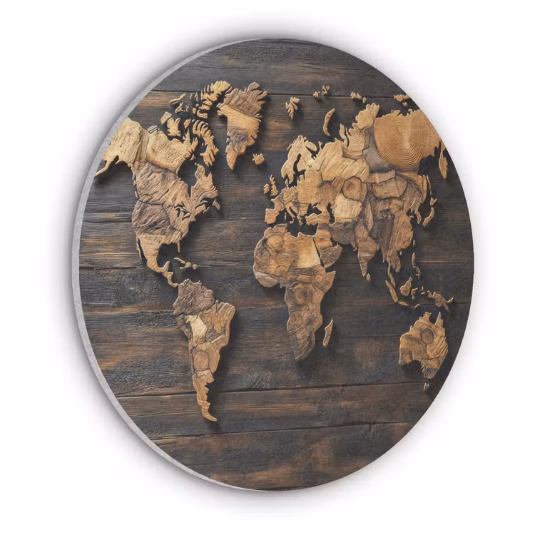 Wereldkaart - Hout - Mozaïek Akoestische PET Vilt - Rond klein -3d