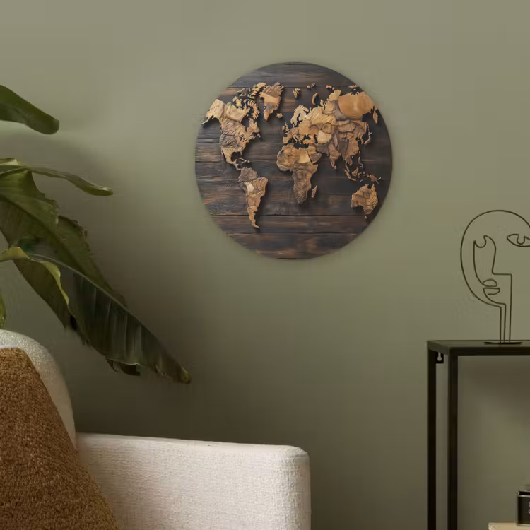 Wereldkaart - Hout - Mozaïek Akoestische PET Vilt - Rond klein -sfeer2