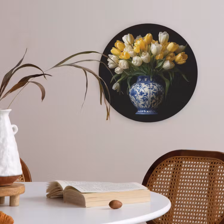 Geel - Tulpen - Vaas - Bloemen Akoestische PET Vilt - Rond klein -sfeer3