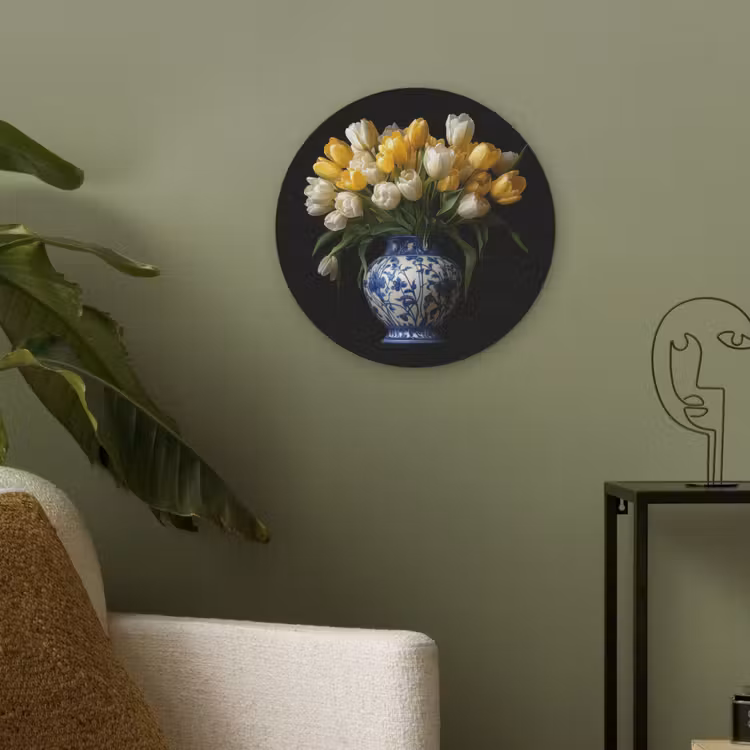 Geel - Tulpen - Vaas - Bloemen Akoestische PET Vilt - Rond klein -sfeer2