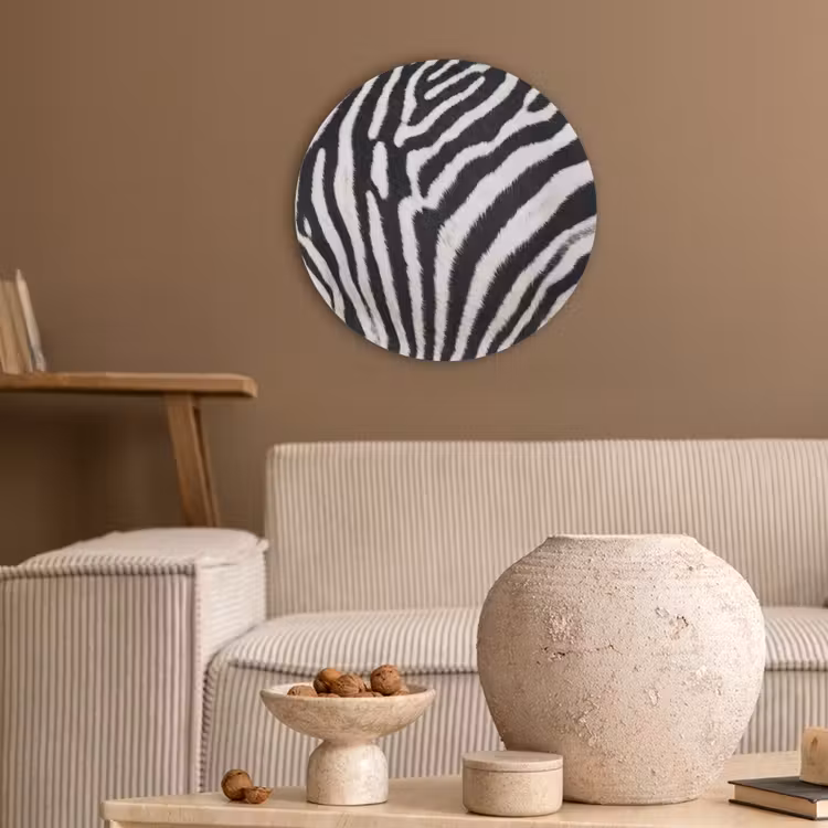 Zebra - Vacht - Klassiek - Zwart - Wit Akoestische PET Vilt - Rond klein -sfeer1