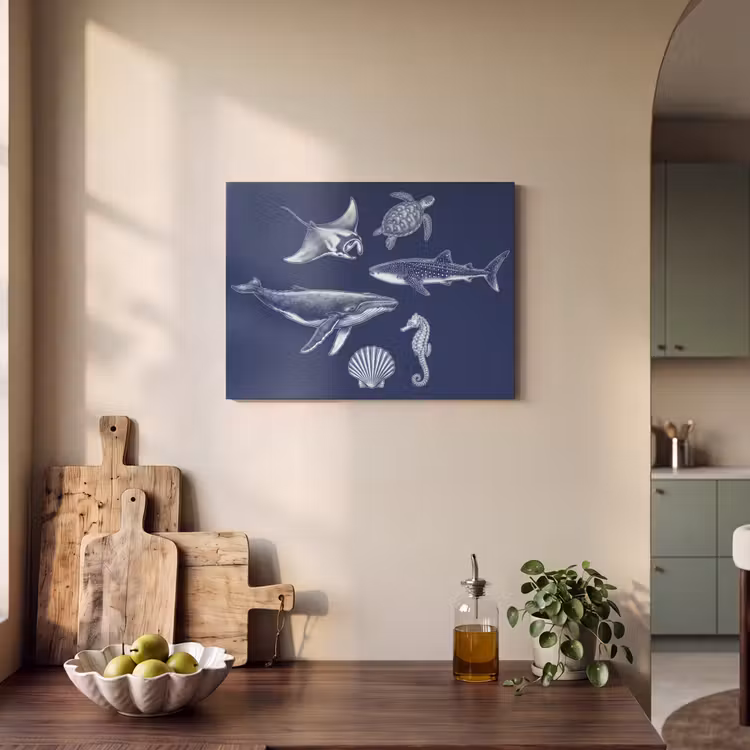 Dieren - Zeeleven - Oceaan - Graveren - Blauw PET vilt klein -sfeer2