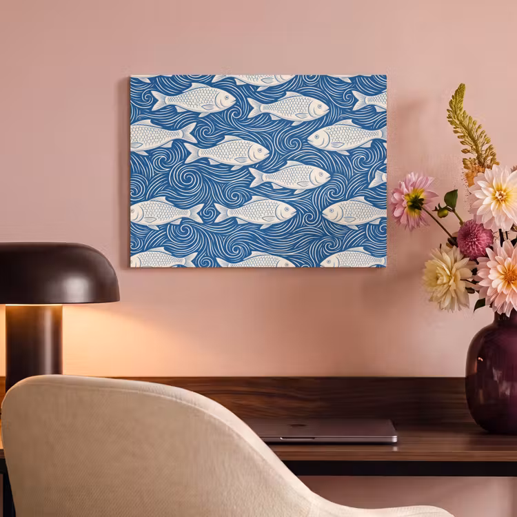 Vis - Water - Patroon - Grafisch - Blauw PET vilt klein -sfeer3