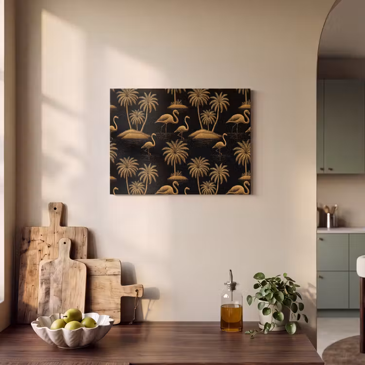 Flamingo - Palmbomen - Tropisch - Goud - Zwart PET vilt klein 837 -sfeer2