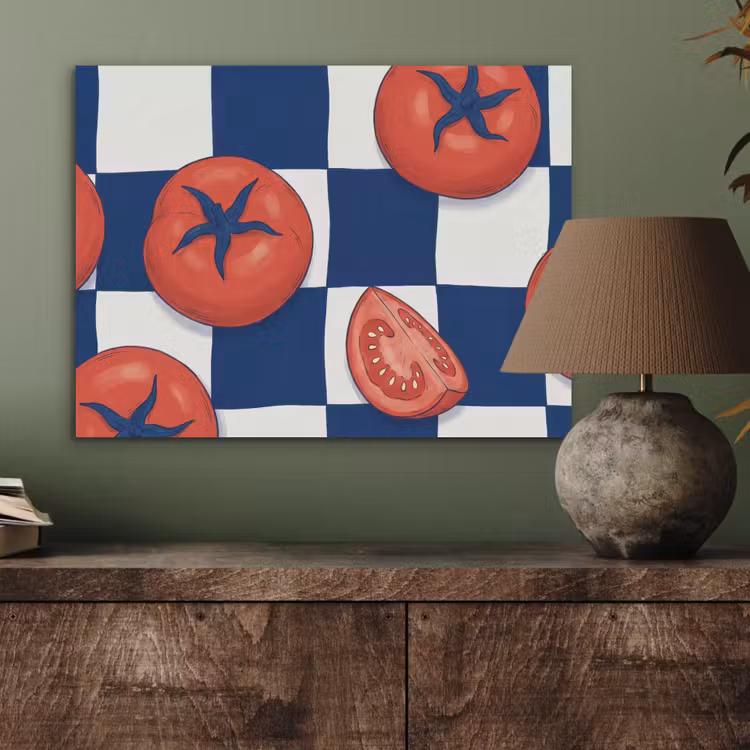 Eten - Tomaten - Keuken - Illustratie - Rood-Blauw PET vilt klein -sfeer2