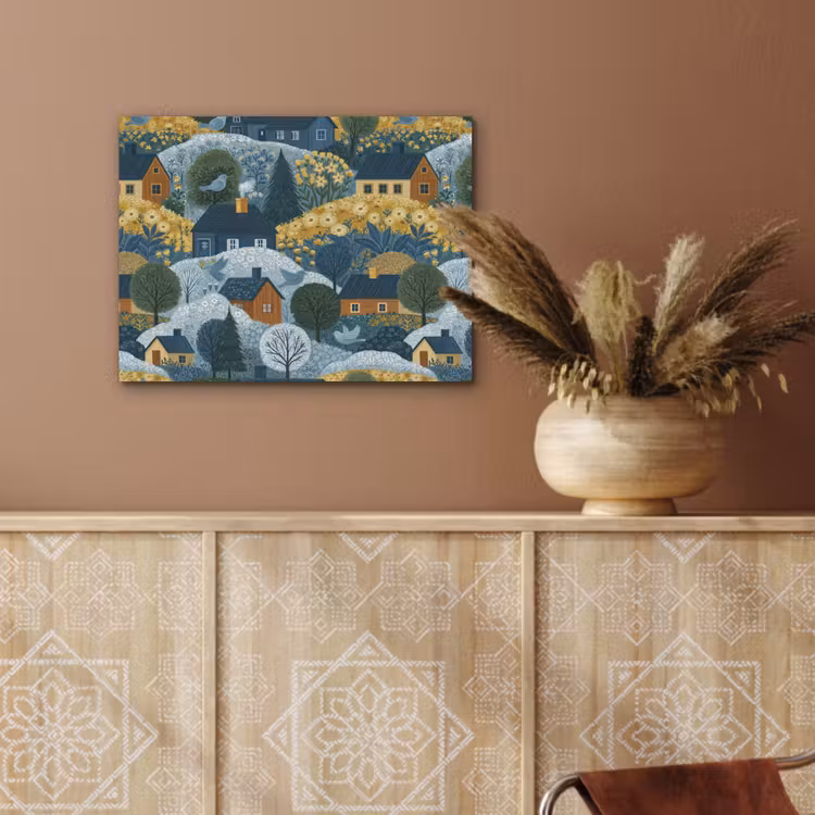 Huisjes - Bloemen - Patroon - Geel - Blauw PET vilt klein 837 -sfeer4