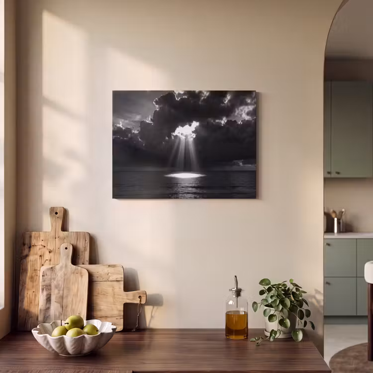 Licht - Wolken - Zee - Zwart-wit - Natuur PET vilt klein -sfeer2
