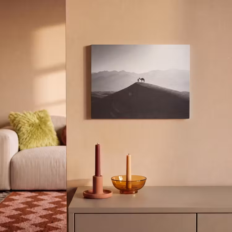 Mens - Kameel - Zandduin - Natuur - Monochroom PET vilt klein -sfeer1