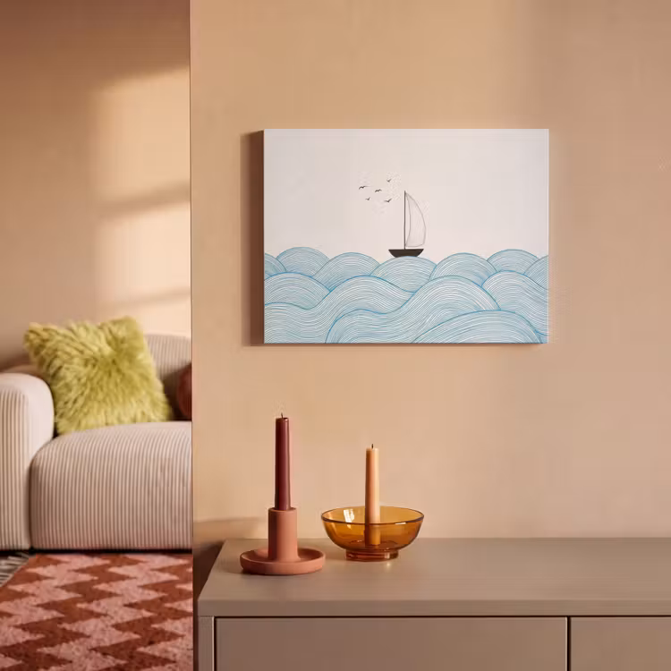 Zeilboot - Golven - Zee - Illustratie - Blauw PET vilt klein -sfeer1