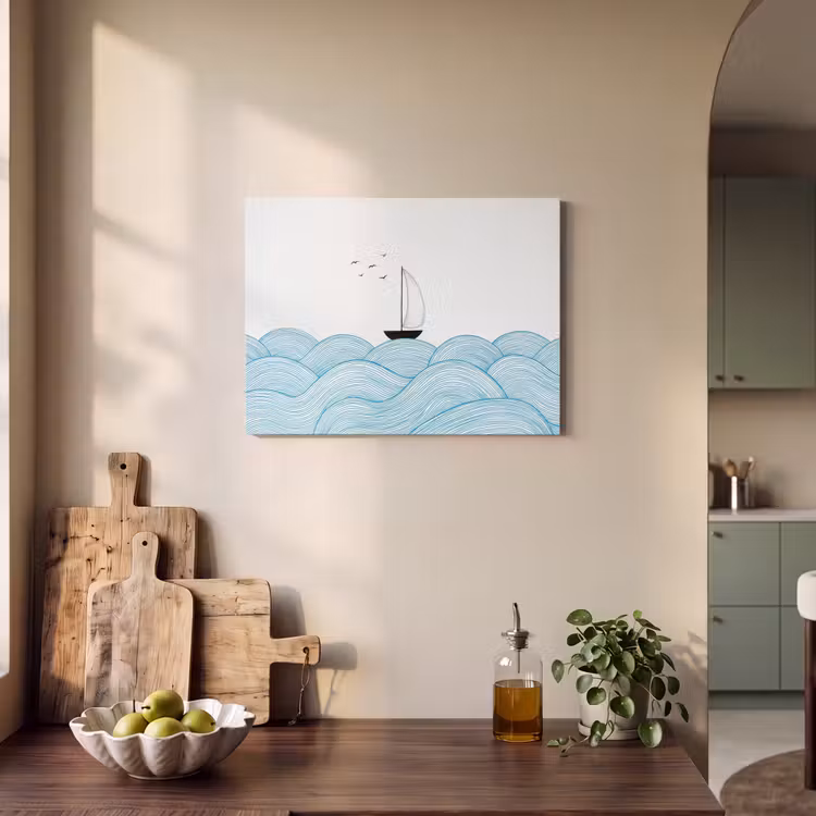 Zeilboot - Golven - Zee - Illustratie - Blauw PET vilt klein -sfeer2