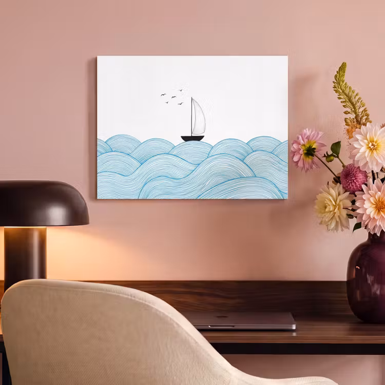 Zeilboot - Golven - Zee - Illustratie - Blauw PET vilt klein -sfeer3