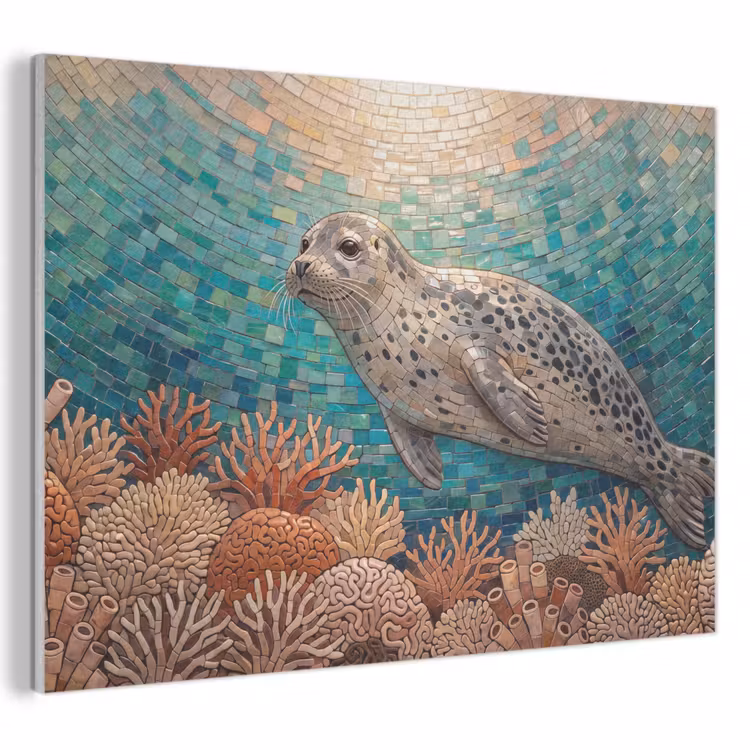 Zeehond - Mozaïek - Onderwater - Dieren - Blauw PET vilt klein -3d