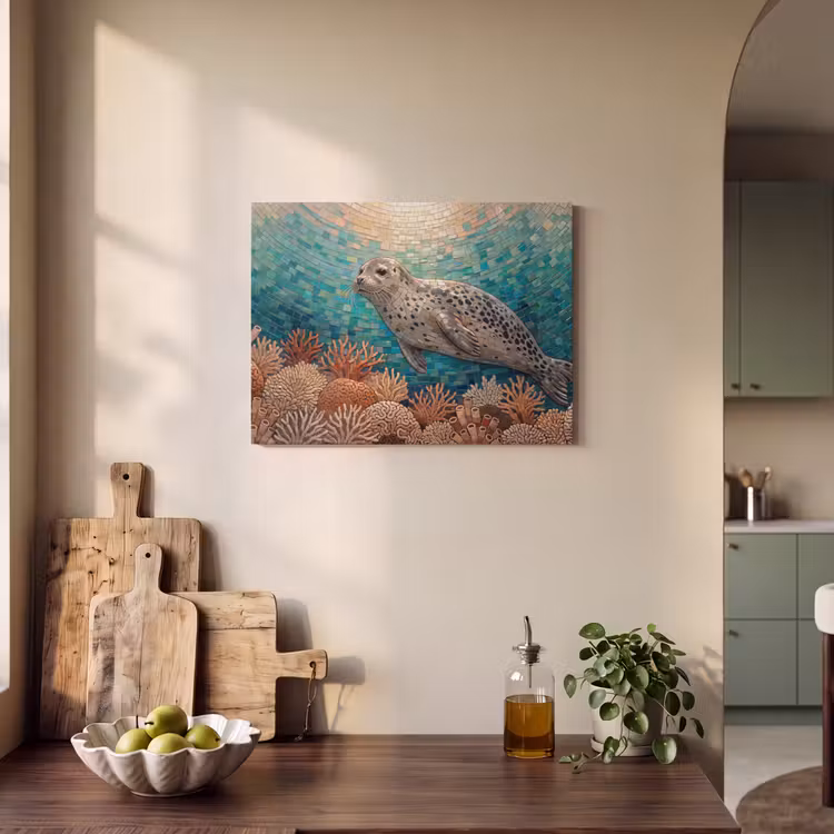 Zeehond - Mozaïek - Onderwater - Dieren - Blauw PET vilt klein -sfeer2